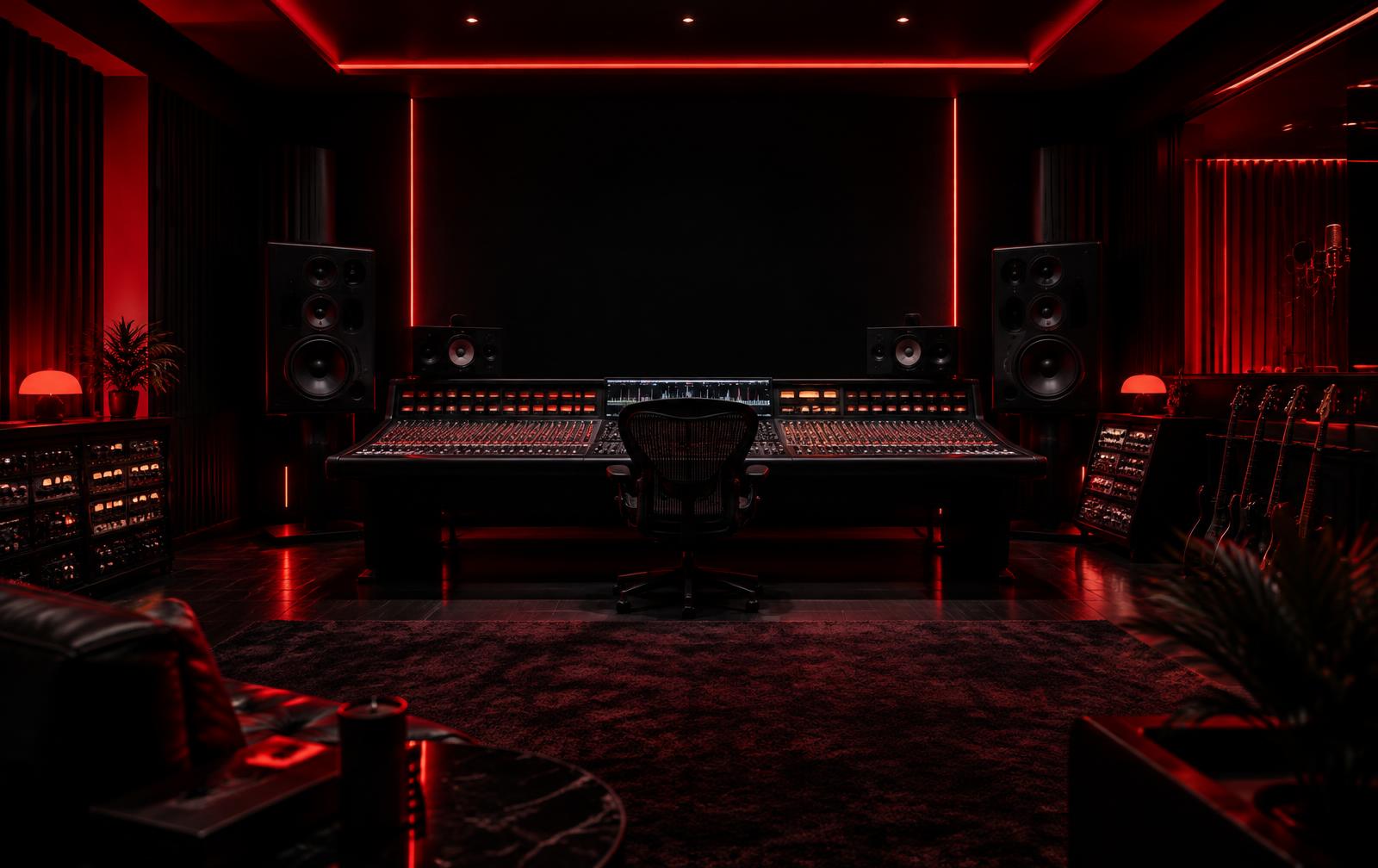 Recording studio illuminated with red light