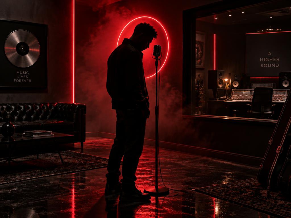Artist recording in a red-lit studio